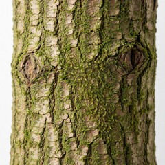 Obraz premium Close up view of tree bark surface with green moss patches. Rough brown wooden texture with natural patterns, organic growth in forest environment. Botanical detail of old trunk skin. Fresh woodland