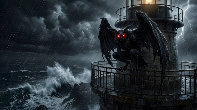 The legendary Mothman creature with glowing red eyes perches on a stormy lighthouse during a dark night with lightning