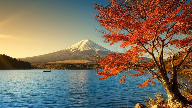 Mount fuji with vibrant autumn maple leaves and a small boat on lake kawaguchi at sunrise in japan