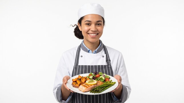 A smiling female chef presenting a plate of delicious food, including salmon, roasted vegetables, and salad, elegantly arranged. She is wearing a chef's hat and apron