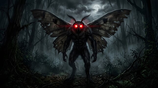 Mysterious Mothman creature with glowing red eyes stands ominously in a dark, eerie forest at night