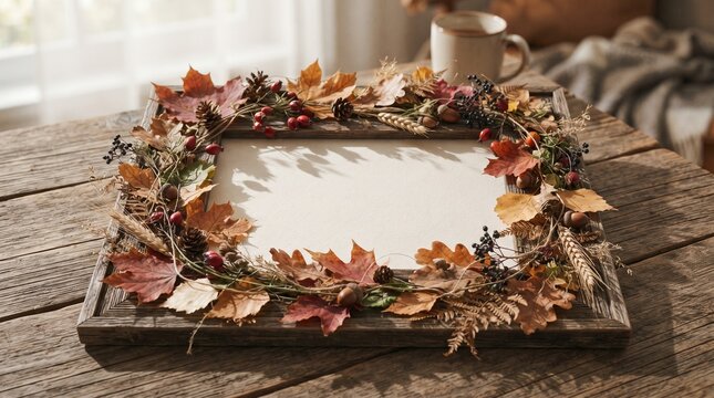 An empty framed artwork decorated with autumn leaves, berries, and twigs on a wooden table