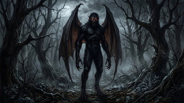 The legendary Mothman creature with large wings stands ominously in a dark, spooky forest at night