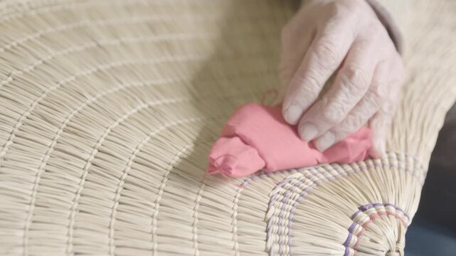 Elderly Hand Crafting Traditional Bon Odori Hat in Ugo Town Akita Japa