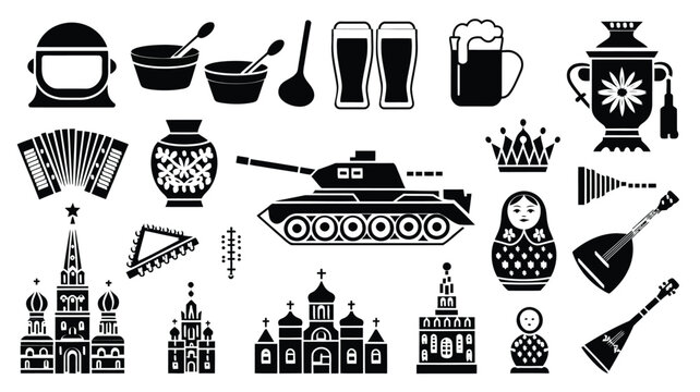 Russian culture traditional icons set featuring matryoshka doll Kremlin church balalaika tank samovar cosmonaut helmet accordion beer mug symbols