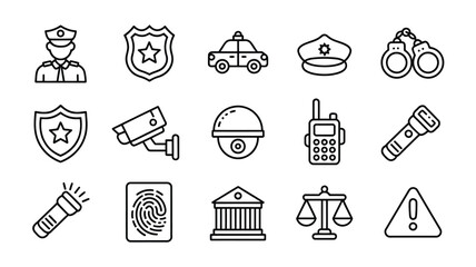 Police line icon set featuring cop officer badge patrol car handcuffs cctv camera walkie talkie flashlight fingerprint courthouse justice scale © Atikul