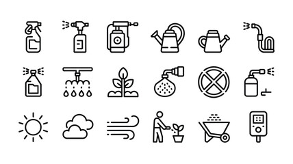 Fototapeta premium Gardening spray and plant watering line icon set featuring spray bottle watering can sprinkler hose plant weather wheelbarrow soil tester