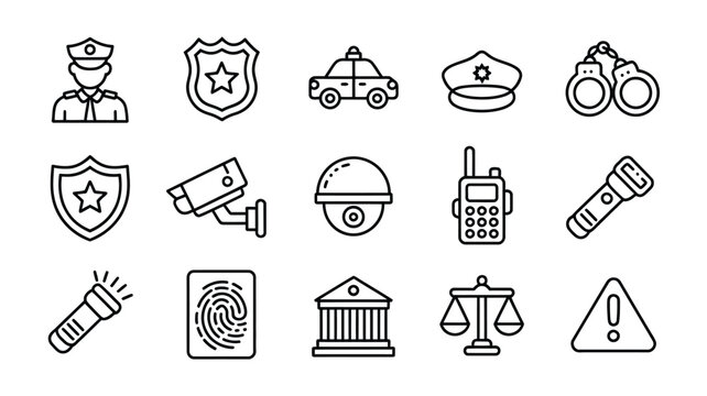 Police line icon set featuring cop officer badge patrol car handcuffs cctv camera walkie talkie flashlight fingerprint courthouse justice scale
