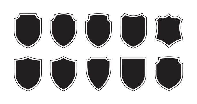 Set of black shield icons isolated on transparent background crest shapes for heraldry and protection.