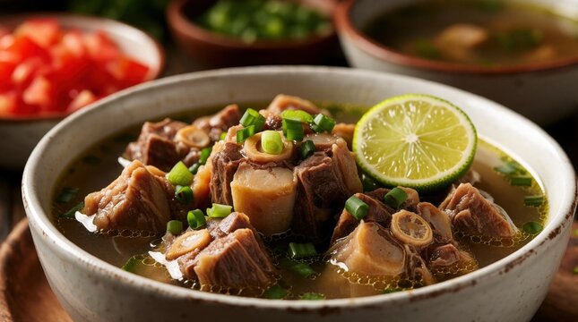 Hot Indonesian oxtail soup served in rustic ceramic bowl. Delicious beef broth features tender meat chunks with fresh lime slice, chopped green onion garnish. Traditional savory meal provides comfort