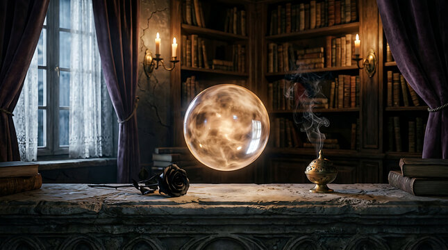 A glowing crystal ball levitates on an old stone table inside a mystical, book-filled library room