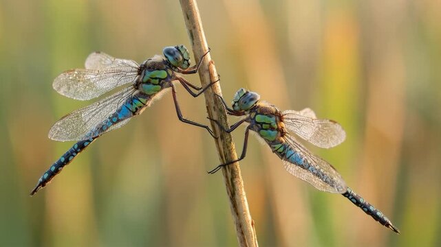 two dragonfly hawkers in english wetland meadow morning light close up video