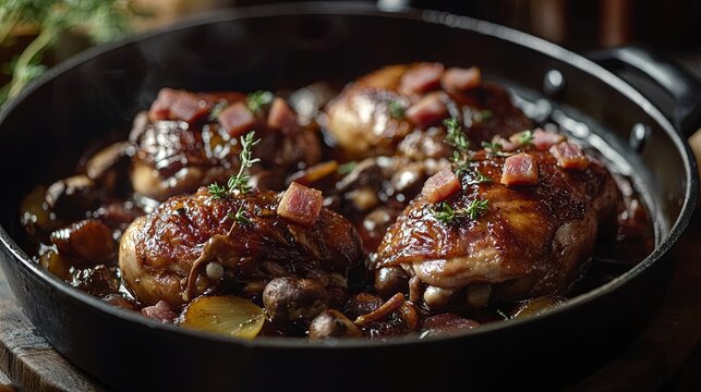 Classic french coq au vin rustic braised chicken red wine mushroom sauce cast iron skillet dinner