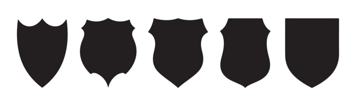 Five unique shield shapes showcasing diverse armor designs for medieval or fantasy gaming interface.