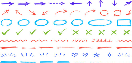 Colorful Hand Drawn Doodle Arrows, Circles, Check Marks, Underlines and Annotation Elements Vector Set © Mahmudul Masud