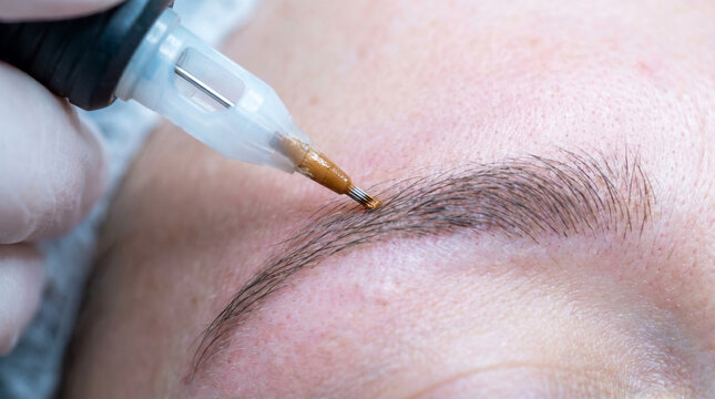 Permanent Makeup Needle Applying Pigment to Eyebrow in Macro Close Up