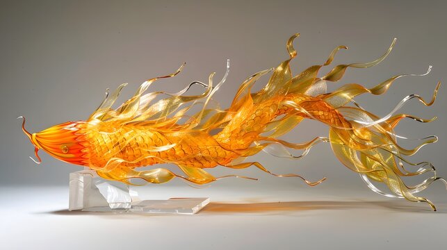 Intricate glass sculpture of a flowing golden koi fish featuring delicate translucent fins and smooth polished surfaces under studio lighting