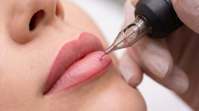 Permanent Makeup Artist Applying Lip Blush Pigment with Cosmetic Tattoo Machine