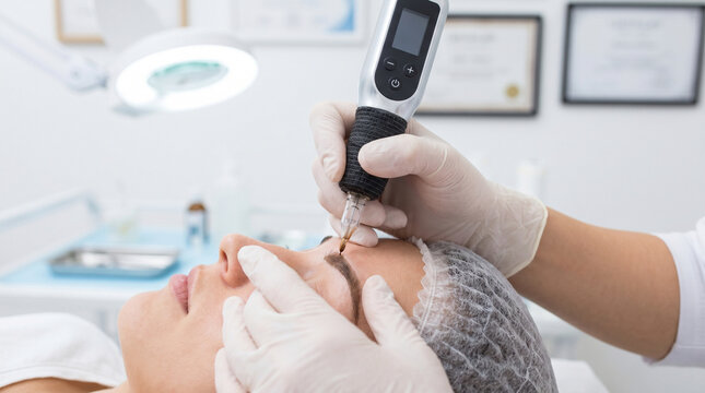 Cosmetic Tattoo Artist Creating Permanent Eyebrow Makeup in Salon