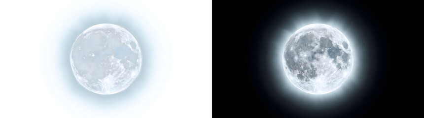 Full moon glowing brightly with detailed crater texture surrounded by a soft luminous halo creates a celestial PNG, Transparent and Black Background Versions design for astronomy science projects © Tanay