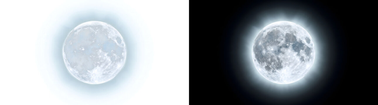 Full moon glowing brightly with detailed crater texture surrounded by a soft luminous halo creates a celestial PNG, Transparent and Black Background Versions design for astronomy science projects