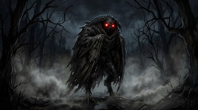 Mysterious Mothman creature with glowing red eyes emerges from dark misty forest at night