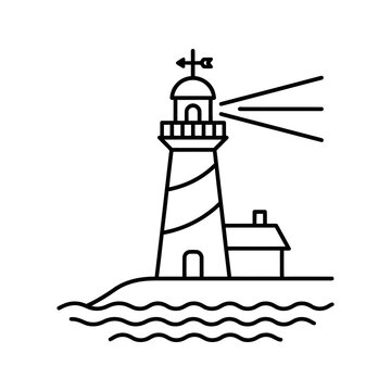 Lighthouse on hill with waves and adjacent small building.