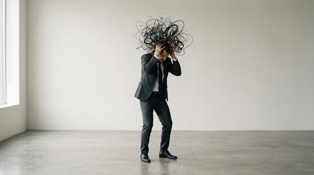 Man in Suit With Tangled Thoughts Over Head, Feeling Overwhelmed