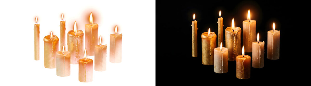 Golden candles group of varying heights burning brightly with dripping wax and warm glowing flames creates a cozy PNG, Transparent and Black Background Versions design for spiritual and decor projects