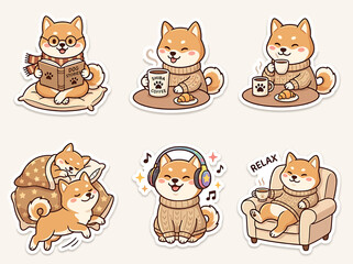 Fototapeta premium Cute Shiba Inu dog sticker set. Kawaii puppy characters in cozy autumn activities.