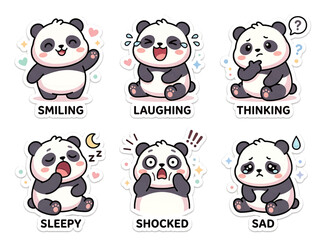 Fototapeta premium Kawaii panda sticker set with various emotions. Cute bear character expressions for design.