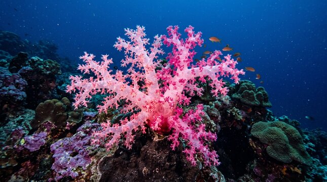 Vibrant pink soft coral on tropical reef with fish