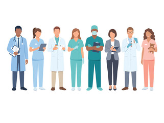 Fototapeta premium Diverse healthcare professionals standing together. Medical staff team in clinical uniforms.