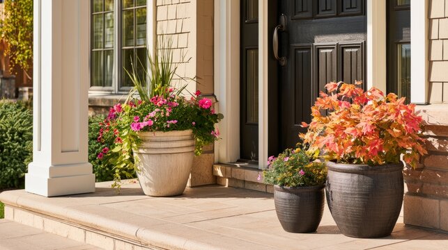 Seasonal potted flowers and plants on suburban front porch with black door