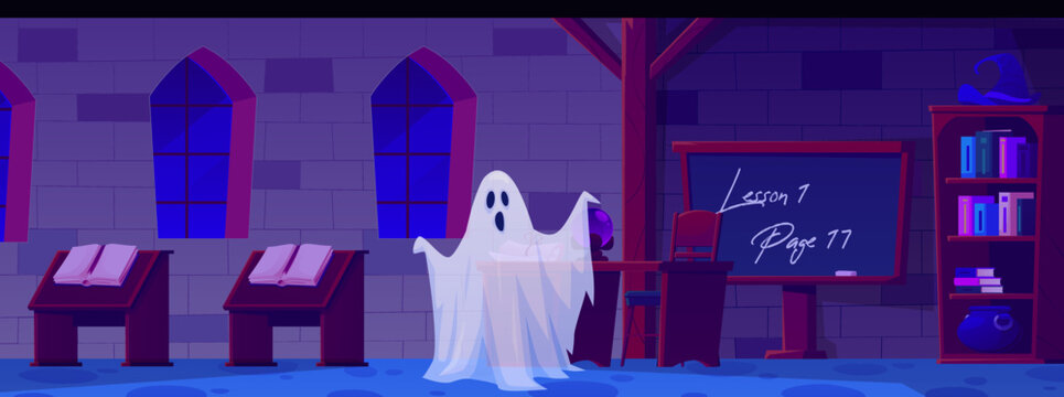 Magic classroom ghost background with cartoon fantasy interior