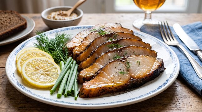 Grilled sliced white fish fillet with lemon and herbs