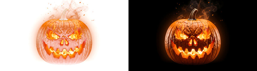 Halloween jack o lantern pumpkin glowing with bright orange fire inside a menacing carved face and rising smoke PNG, Transparent and Black Background Versions for seasonal party designs © Tanay