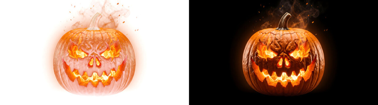Halloween jack o lantern pumpkin glowing with bright orange fire inside a menacing carved face and rising smoke PNG, Transparent and Black Background Versions for seasonal party designs