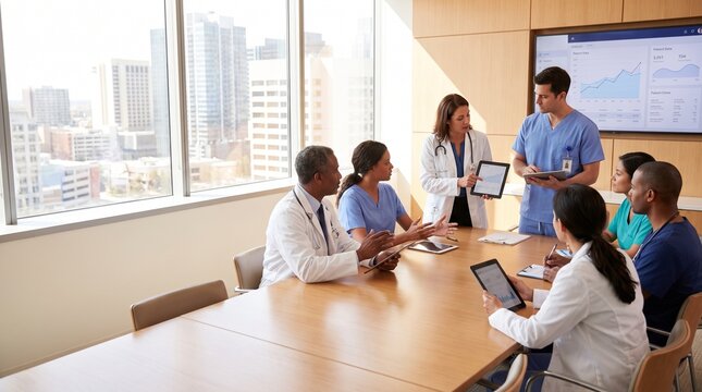 Diverse Healthcare Professionals Collaborating During Hospital Strategy Meeting