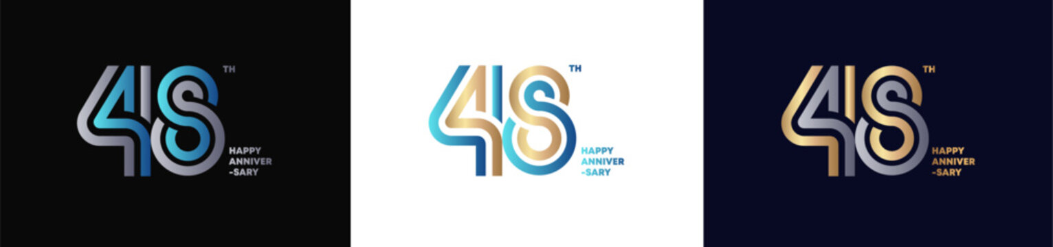 48th happy anniversary typography logo set with modern gradient design on black, white, and dark backgrounds