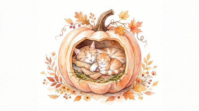 Cute watercolor illustration of a mother cat and her kitten sleeping snugly inside a carved autumn pumpkin surrounded by leaves and berries.