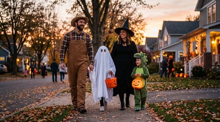 Obraz premium Family walking together in halloween costumes down residential street at sunset with halloween