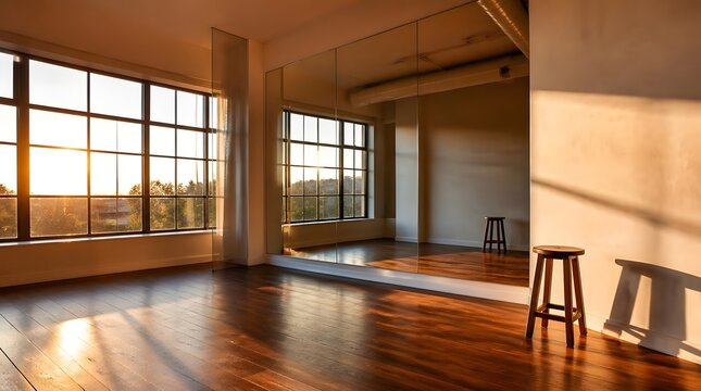 Empty dance studio with wooden floors and large windows at sunset.