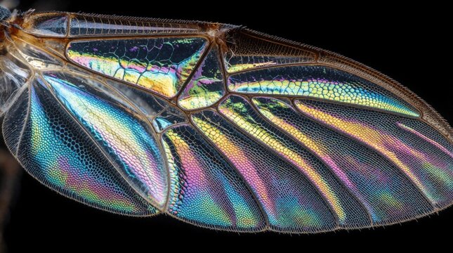 Extreme closeup of insect wing showing vibrant iridescent texture. Thin translucent membrane features complex vein pattern with shiny metallic rainbow colors. Macro photography intricate organic