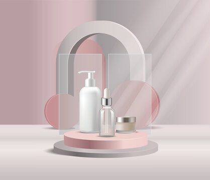 Vector Premium Cosmetic Packaging Mockup on Modern Podium and soft lighting on pastel background