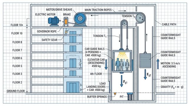Elevator cable system diagram. Technical schematic of lift mechanism and pulley operation.