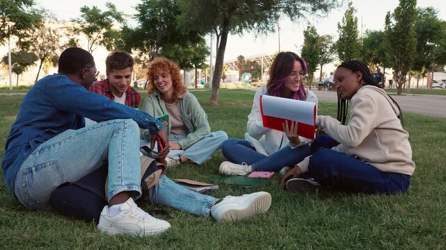 Diverse students studying together sitting on the grass