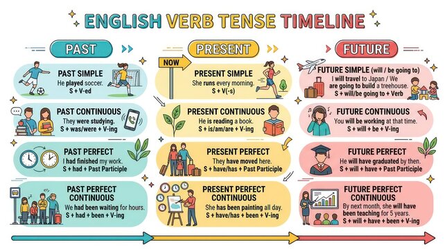 English verb tense timeline chart. Educational infographic for learning grammar tenses.