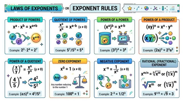 Laws of exponents infographic. Mathematical rules chart for algebra and calculus study.