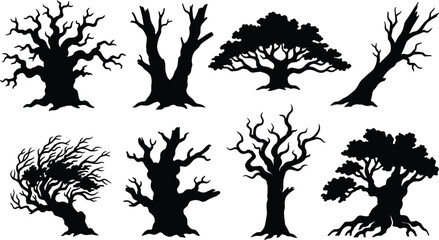 Black Gnarled Tree Silhouette Collection with Bare Branches, Windswept Forms and Ancient Canopies © Sahara